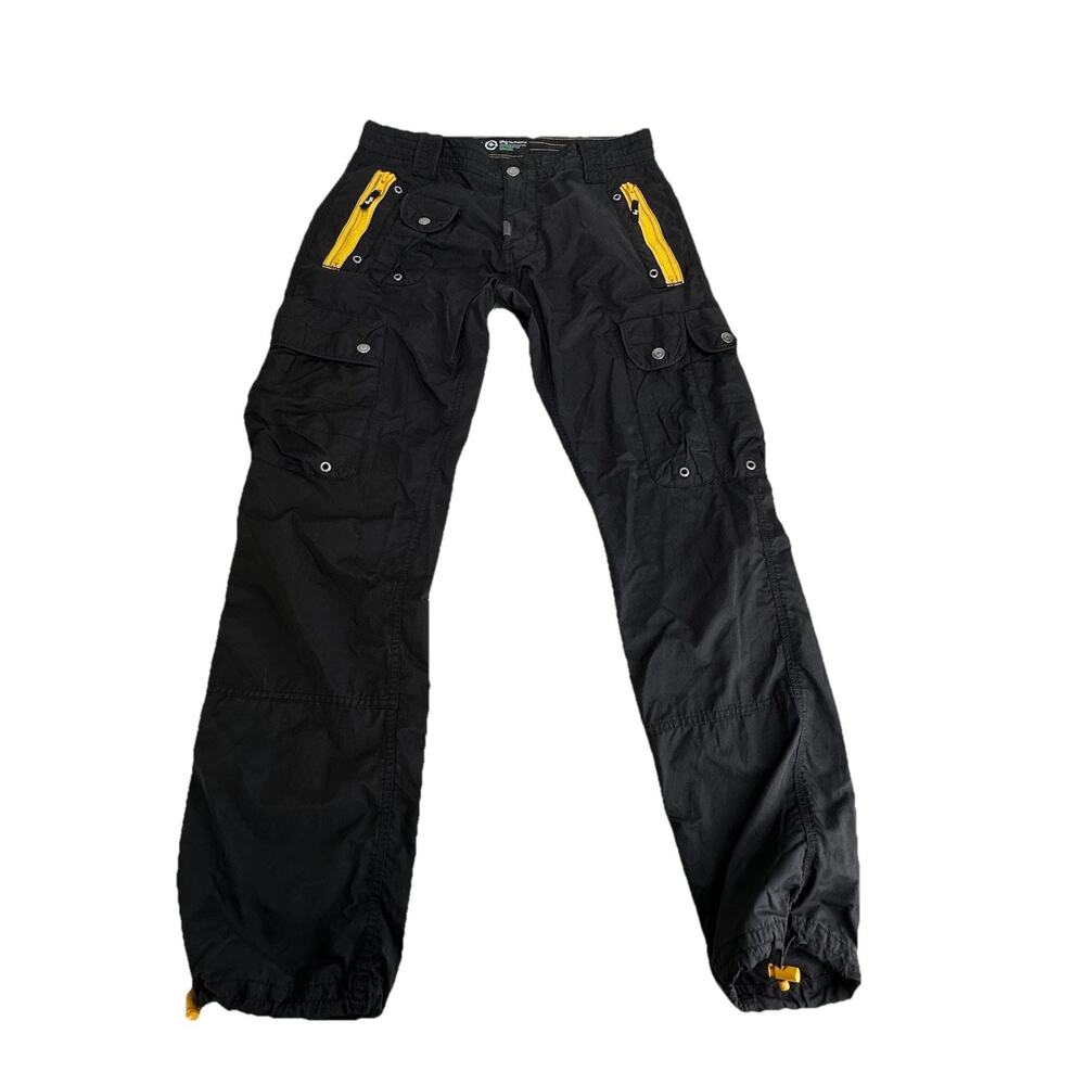 Vintage LRG Nylon Black Yellow Zippers Cargo Pants Size 32